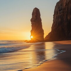 Golden hour at Praia do Lourical, where the sun sets behind a towering sea stack, casting warm hues across the ocean and sky