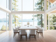 © Sean Lee - Luxury minimalist dining room, two floor high ceiling. Sea view outside the window. Spacious dining table.