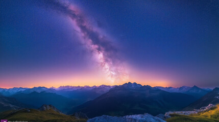 A vast starry night sky over the Swiss Alps, the Milky Way clearly visible, stars twinkling brightly above the dark mountain peaks, awe-inspiring and tranquil.