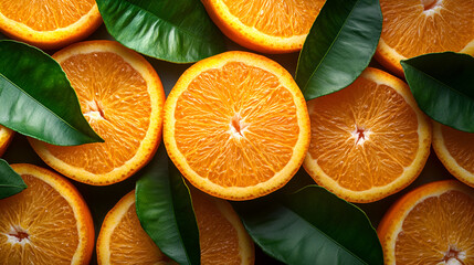 Wall Mural - Fresh Orange Slices with Green Leaves - Perfect for Juice, Recipes, and Health Products