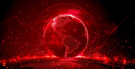 Aufkleber - A stunning digital representation of the Earth floating in a red cosmic background. This artwork showcases modern digital art style, ideal for science and technology themes. AI