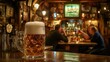 © keetazalay - A traditional Bavarian pub scene with a bartender pouring a pint of lager, the foam head rising perfectly above the rim, surrounded by the rustic charm of wooden tables, beer mugs, and friends