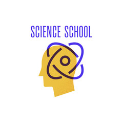 Wall Mural - Science School Head Atom Sign. Vector Illustration of Emblem Education Object. Learn University Symbol Isolated over White Background.