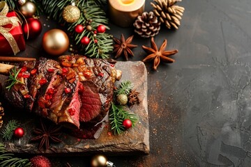 Christmas Dinner for Two. Baked Beef on the Bone with Spices on a Stone Table with a Christmas Tree and New Year's Toys with copy space for your text