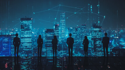 Abstract professional team connecting people of lines from nail node to node on smart digital city landscape and skyline background. Innovation communication network , charts and graphs with statistic