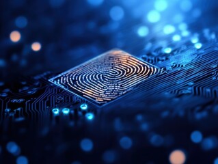 Poster - A blue and orange fingerprint is on a computer chip. Concept of technology and security, as fingerprints are often used as a form of identification in modern devices