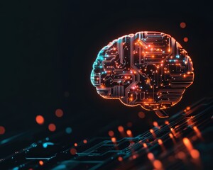 Poster - A brain made of electronic circuitry is lit up in a black background. The brain is surrounded by a glowing, colorful pattern that gives the impression of a futuristic, technological world