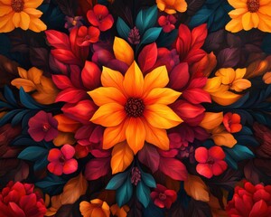 Aufkleber - A colorful flower arrangement with a yellow flower in the center. The flowers are arranged in a way that creates a sense of depth and movement. Scene is cheerful and vibrant
