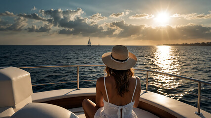 Wall Mural - elegant woman on a yacht looking out at the ocean on a beautiful sunny day