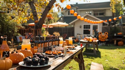 Wall Mural - Tables set up with Halloween-themed snacks and drinks in a backyard.