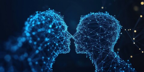 Poster - Two faces are shown in a blue and black color scheme. The faces are connected by a line, which represents a bond between them. Concept of connection and unity between the two individuals