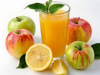 Poster - Refreshing apple and lemon juice served in a glass with fresh apples and lemon slices on a white surface