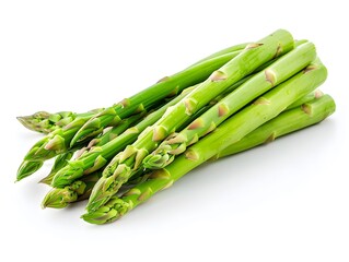 Fresh green asparagus stalks arranged on a white background