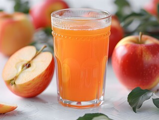 Poster - Fresh apple juice in a glass surrounded by whole and sliced apples on a white surface