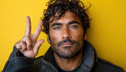 Poster - Cropped view of man showing interpretation sign in deaf and dumb language on yellow background 