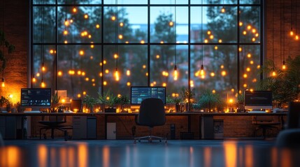 Poster - A tranquil office setting at dusk, featuring glowing lights and lush plants that create a cozy atmosphere for creativity and productivity