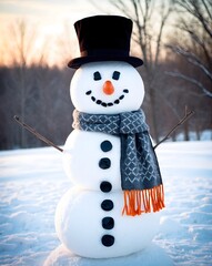 Snowman with a carrot nose, hat, scarf, coal buttons and stick arms standing outside on a winters day. Concept of winter, snow and childhood.