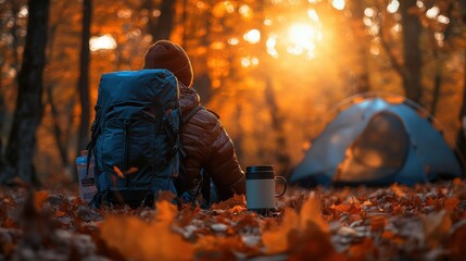 Wall Mural - Backpacker sitting near tent in autumn forest at sunset