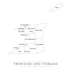  Administrative regions of TRINIDAD AND TOBAGO. Province, state, division name with white map with black outline. Vector illustration	