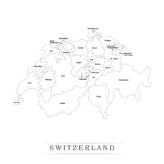  Administrative regions of SWITZERLAND. Province, state, division name with white map with black outline. Vector illustration	
