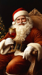 Sticker - A painting of a santa claus sitting in a chair holding a glass of wine