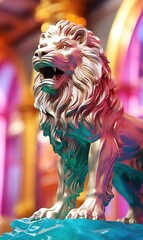 Sticker - marble stone lion statue against pastel coloured iridescent background