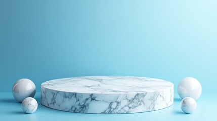 Poster - A stylish arrangement showcases smooth marble spheres surrounding a polished marble base against a tranquil turquoise backdrop