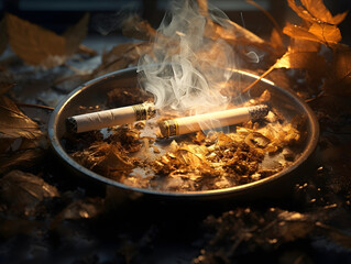 An evening scene featuring two cigars elegantly resting in a detailed ashtray, with leaves and warm ambient lighting creating a sophisticated and relaxing atmosphere.