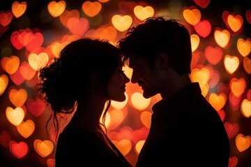 silhouetted couple embracing against backdrop of heartshaped bokeh lights romantic mood created by soft focus and warm color palette