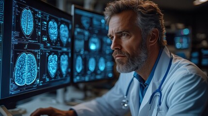Aufkleber - A healthcare expert intently analyzes brain imaging data on multiple screens, showcasing advanced medical technology in a high-tech environment