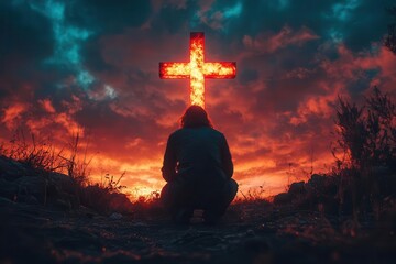 silhouetted figure kneeling at illuminated cross on hilltop dramatic sunrise sky with warm colors powerful composition conveying faith hope and spiritual renewal