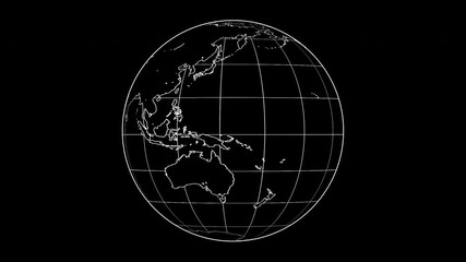 world globe map spinning in white lines on a black background. 3d planet earth map rotating in seaml