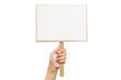 © David Kreuzberg - human hand holding blank demonstration wooden sign isolated on white or transparent png