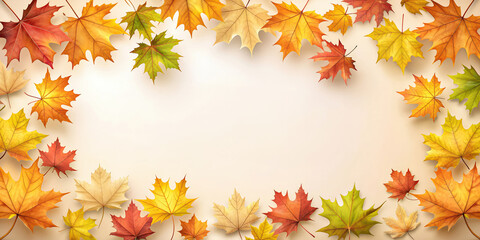 an autumn-themed banner template whith a variety of colorful fall leaves arranged on a soft beige ba