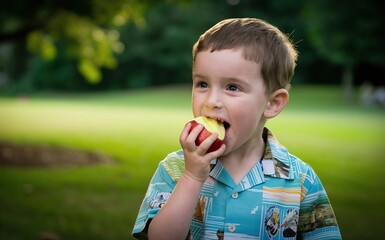 Picture of boy eating apple in ground under the sunrays on green background. Generative ai.