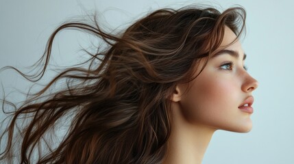 Poster - A woman with flowing hair showcases a contemplative expression, illuminated beautifully by soft, natural light