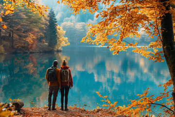 Happy couple looking at beautiful nature view together in Autumn trip. Travel, holiday concept