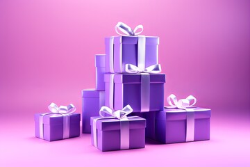 Stack of purple gift boxes with ribbons on a festive background.