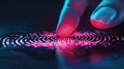 Wall Mural - A close-up of a person's hand scanning their fingerprint on a biometric authentication device, emphasizing cybersecurity and password security in modern technology.