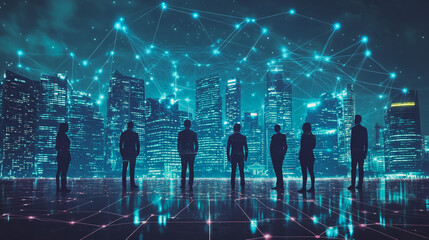 abstract professional business team people connection of line from nail node to node on Smart digital cityscap and skyline background , Innovation networking concept