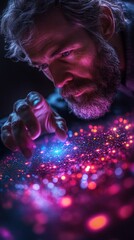 Poster - A focused individual delicately interacts with colorful cosmic patterns, exploring creativity and light in a dimly lit workspace
