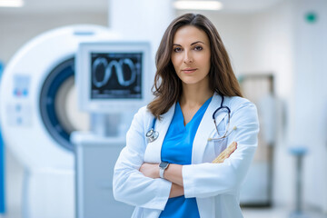 Wall Mural - Caucasian female radiologist doctor standing in front of CT Scan machine, modern healthcare, copy space