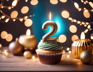 A birthday cupcake sits on a table with a number two candle. The cupcake is decorated with festive lights.