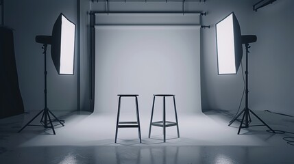  Studio set, a white backdrop, two plastic modern stools