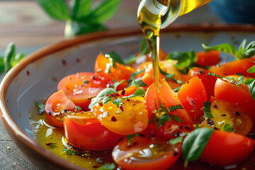 Wall Mural - Cherry Tomato Salad with Olive Oil and Basil