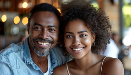 Poster - African american man and woman couple speaking with deaf language at home 