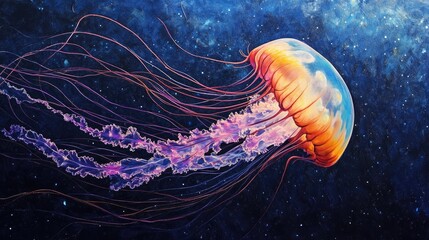 Wall Mural - A vividly colored jellyfish drifts serenely through the twilight sea, its tendrils gracefully trailing behind, highlighting the delicate beauty and vibrant hues of marine life.