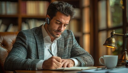 Wall Mural - Close up shot of young man with hearing aid writing on paper.