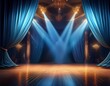 © Jean - A stage with blue curtains and spotlights, creating a theater background. This is a 3D illustration.