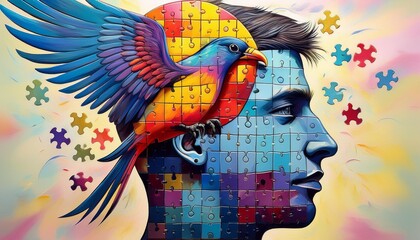 A surreal painting depicting a human head with a bird made of jigsaw puzzle pieces. The painting symbolizes freedom, spirituality, and the search for life's meaning.